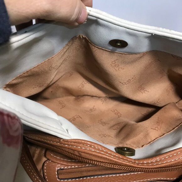 B.Ø.C Double Handle White & Brown Faux Leather Purse With Front Turn-Lock & Zipp - Picture 14 of 16